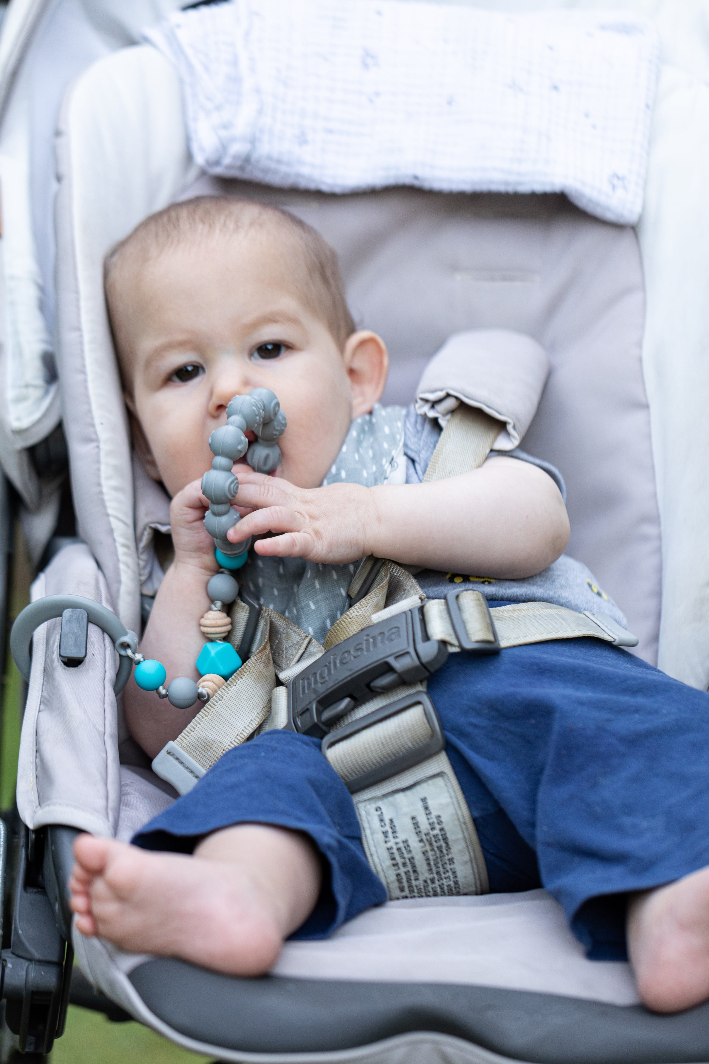 Nuby Tag-a-Long Silicone Infant Teether Toy with Ring, Beaded String, and Clip, Gray Baby Teether