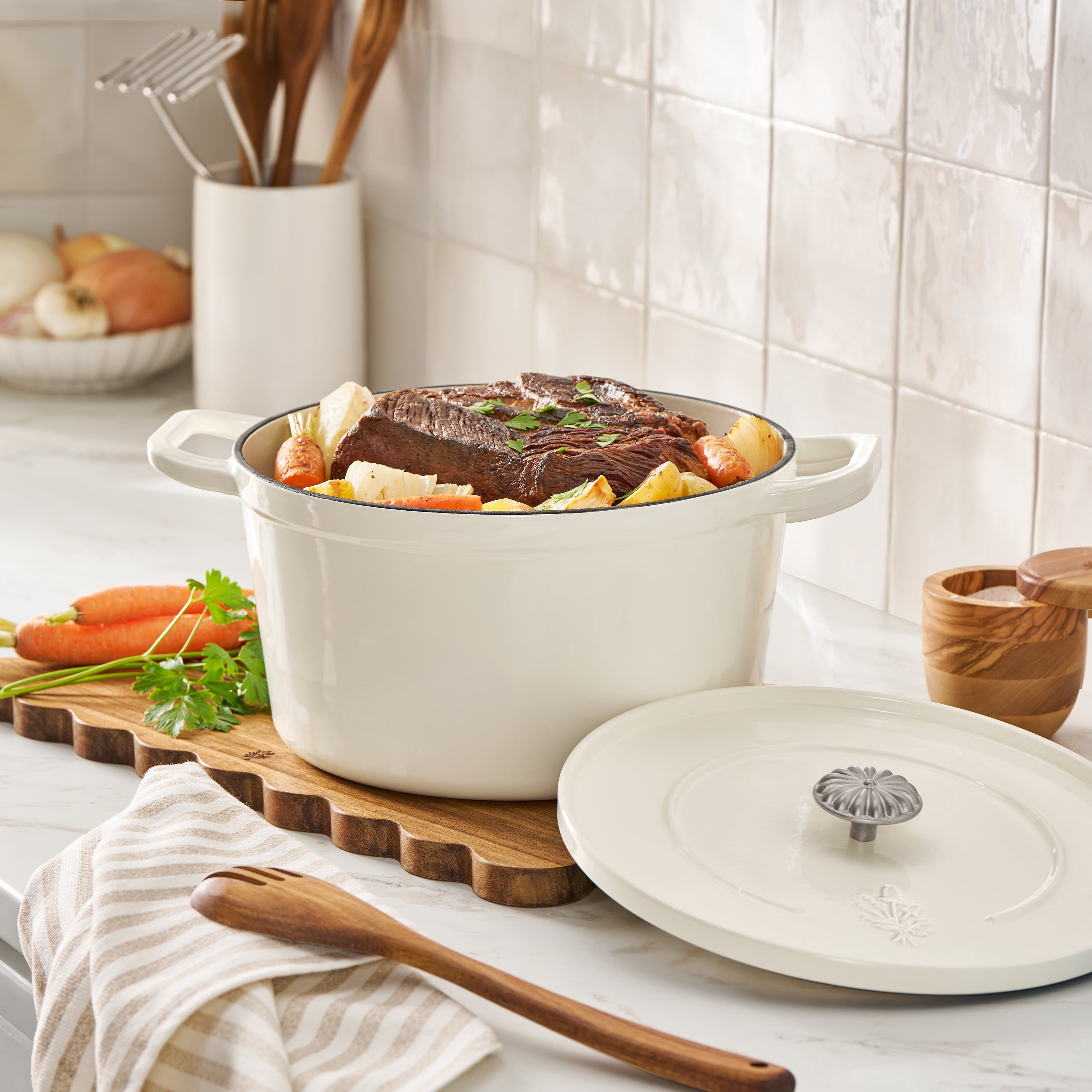 The Pioneer Woman 7-Quart Enameled Cast Iron Dutch Oven with Lid, Linen