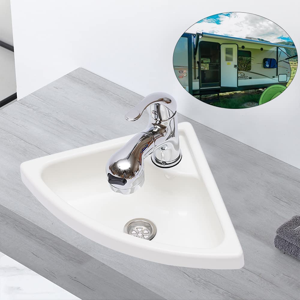 Wall Mount Corner Bathroom Sink, RV Corner Sink Acrylic Triangle Wall-Mounted Bathroom Basin with Faucet & Hose for Camper Van Boat Caravan, White