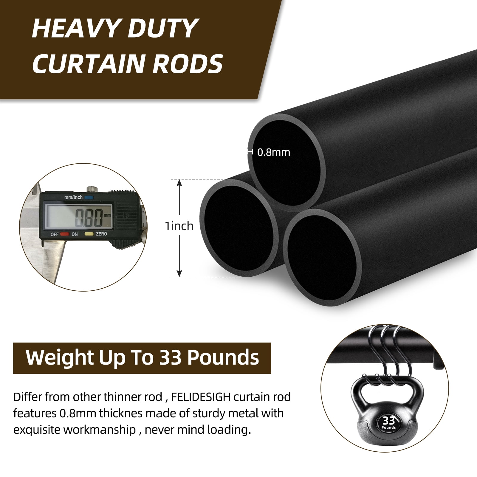 Jolicasa 1" Diameter Wrap Around Curtain Rods,Heavy Duty Adjustable Blackout Curtain Rod for Windows 48 to 86 inch,Wall Mounted,Black