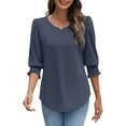 thumbnail image 6 of bbyeadc Blue Blouses for Women Crew Neck Smocked Cuff Ruched Shirts 3/4 Sleeve Dressy Casual Loose Basic Trendy Tops Summer Basic Business Tshirts Clothes, Dark Blue S, 6 of 7
