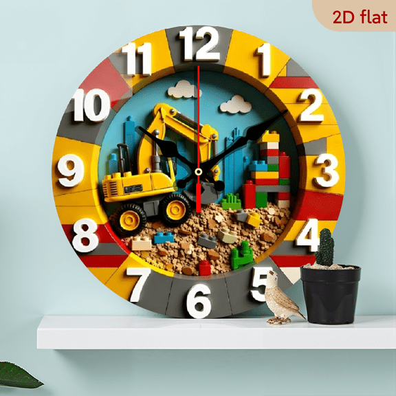 10-inch 2D flat "Excavator Building Blocks" theme, wooden circular silent wall clock, suitable for modern home art decoration, wall decoration, it is an ideal gift for festivals and birthdays