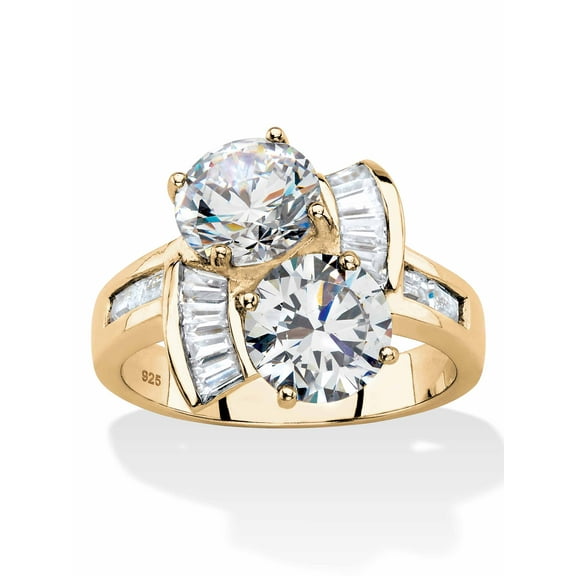PalmBeach Jewelry Round and Baguette Cubic Zirconia 2-Stone Bypass Ring 5.20 TCW in 14k Gold-plated Sterling Silver