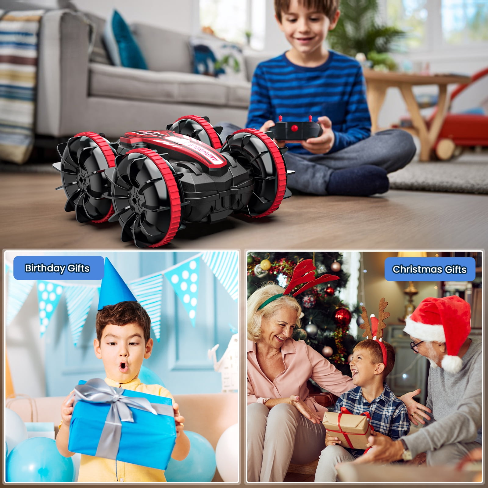 VILINICE Remote Control Car, 4WD RC Car with Double-Sided Driving, Land Water 2 in 1 Stunt Car, Toy Car for Boys & Girls, Gifts for Kids, Red