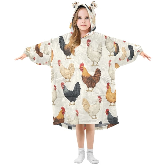 Wearable Blanket with Sleeves and Pocket Oversized Hooded Sweatshirt 3-14 YR Chickens Pattern S