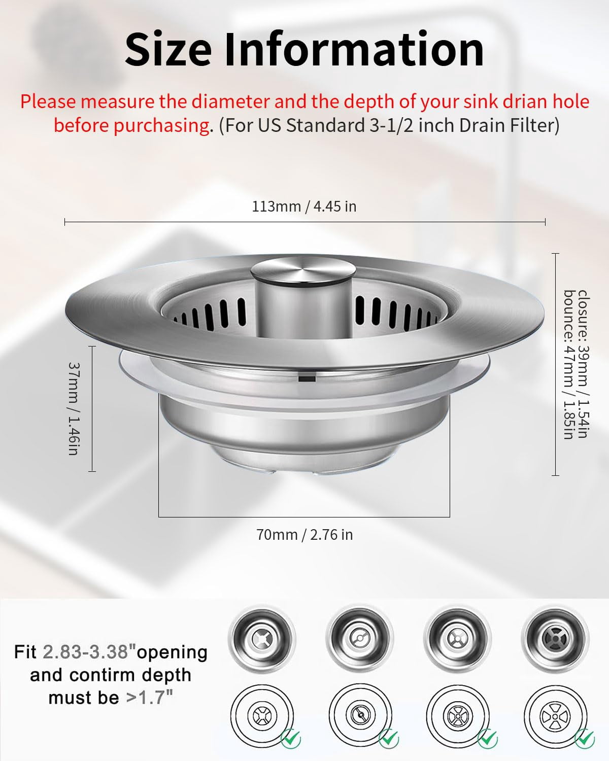 NexTone 3 in 1 Kitchen Sink Drain Strainer [304 Stainless Steel Pop Up] Anti-Clogging Kitchen Sink Drain Stopper Stainless Steel Efficiently Drainage Odor Filter Sink Plug for Us Standard 3-1/2 Inch