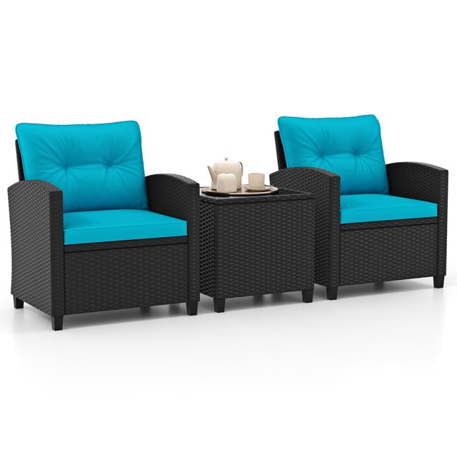 Gymax 3 PCS Patio Furniture Set w/Tempered Glass Coffee Table Washable Cushions Turquoise
