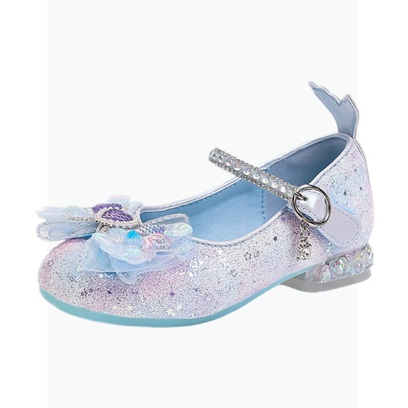 Gyujnb Girls' Sparkle Sequin Bow Formal Party Shoes Adjustable Strap Comfortable Low Heel Wedding Footwear, Closed Toe,6-7 Years