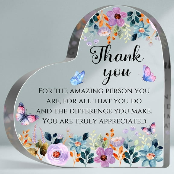 Thank You Gifts for Teacher, Appreciation Gifts for Women Men, Butterfly Floral Decor Acrylic Plaque, Heart Shape Acrylic Keepsake, Home Office Desktop Decoration Supplies