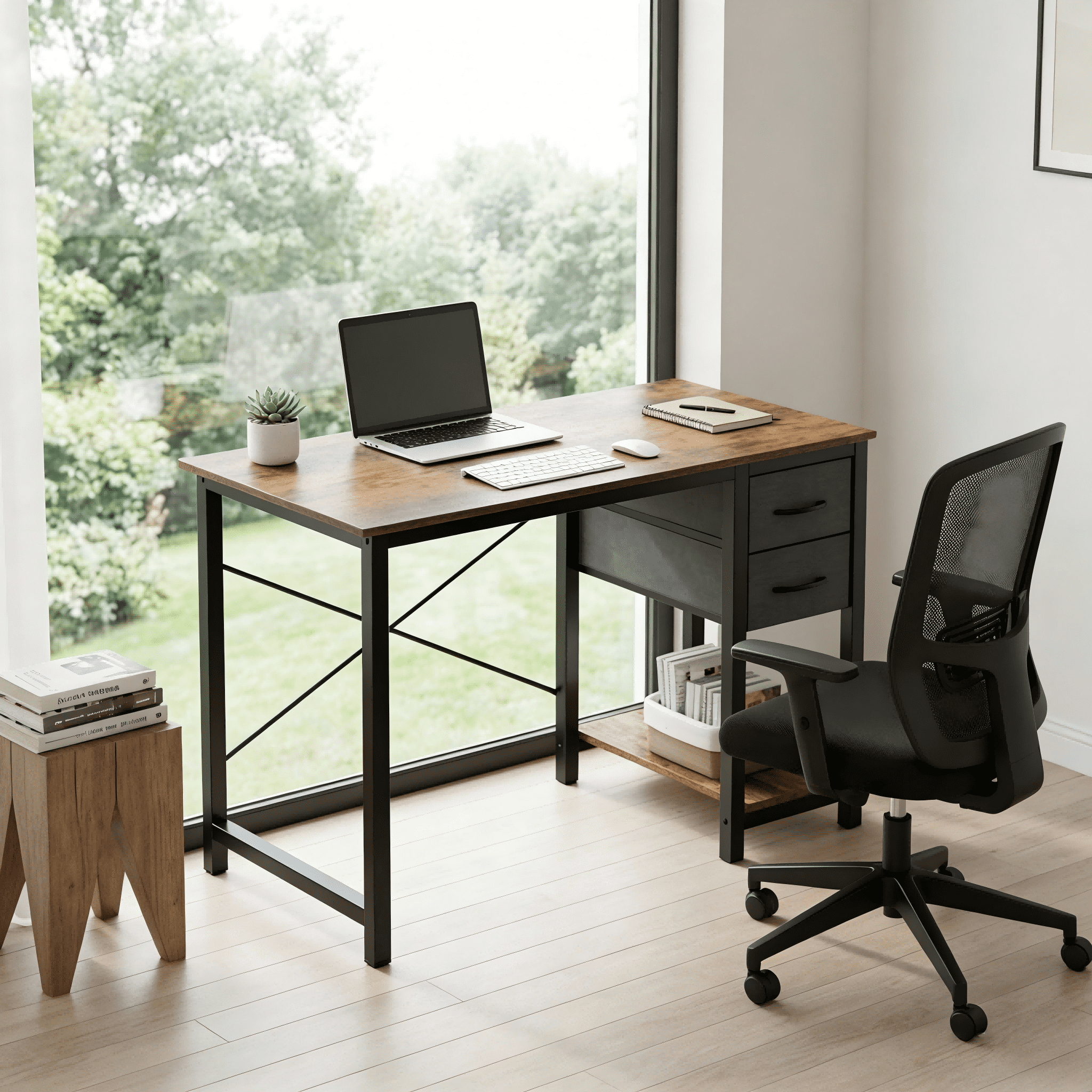 Atilioo 40" Computer Desk, PC Table with 2 Fabric Drawers & Headphone Hook, Sturdy Metal Frame, Easy Assembly for Home Office, Brown