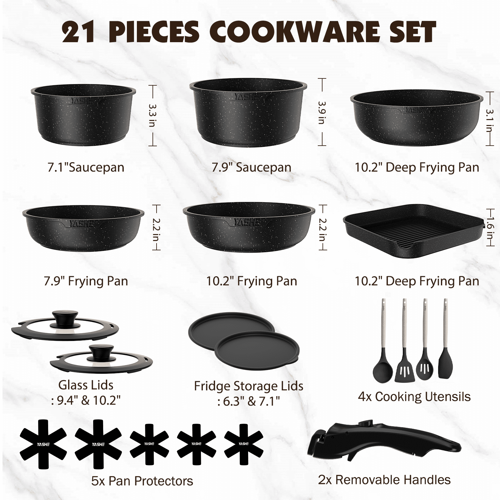 YASHE 21 Pcs Nonstick Cookware Set with Detachable Handle, Stackable Pots and Pans Set, Induction Compatible, Oven Safe, Dishwasher Safe, Space-Saving Kitchen Cookware for Home & RV