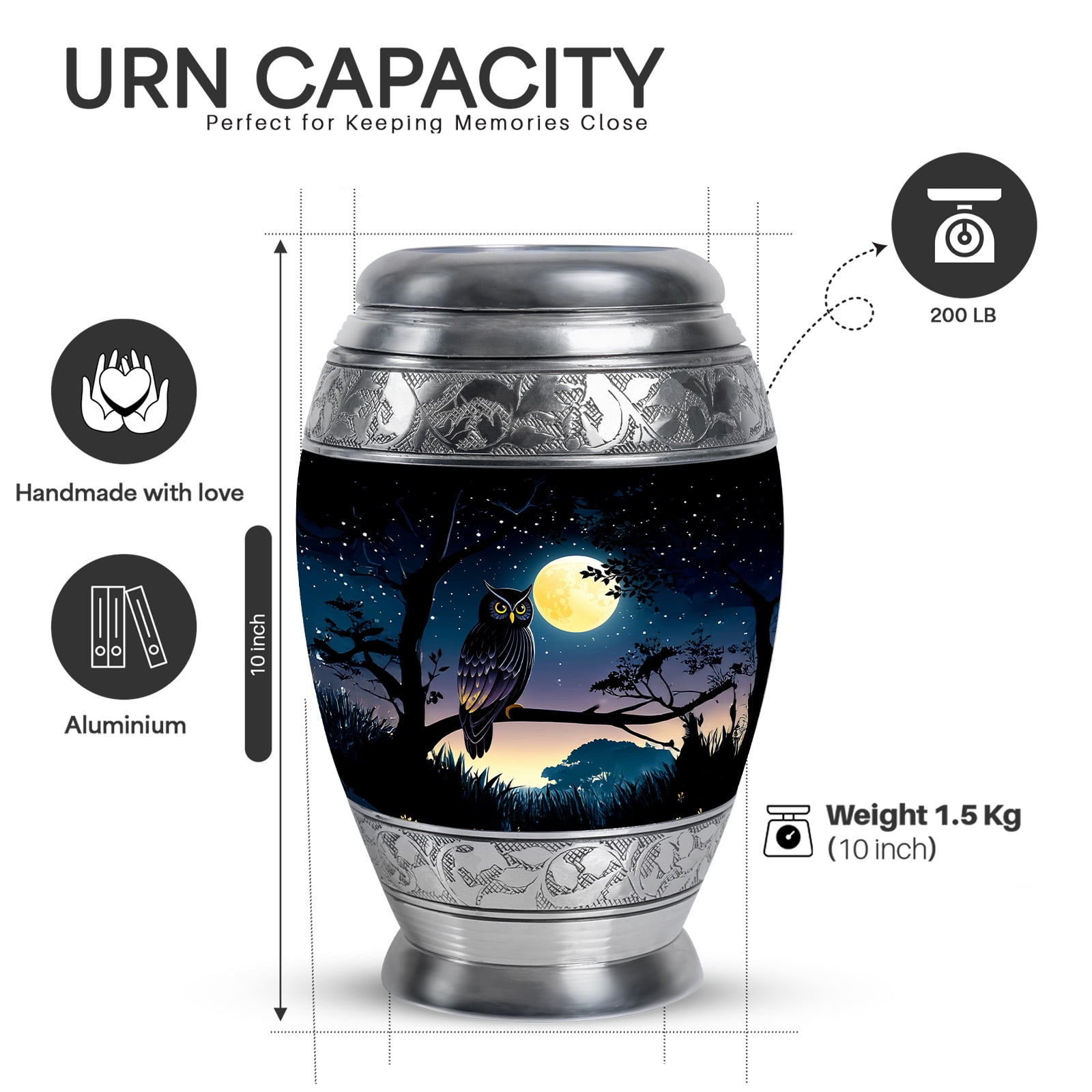 Yatskia Full Moon Owl Large Cremation Urns for Human Ashes Adult Brother and Sister, Small Memorial Keepsake Urn for Adult Ashes, (Monar 10 Inch and 3 Inch)