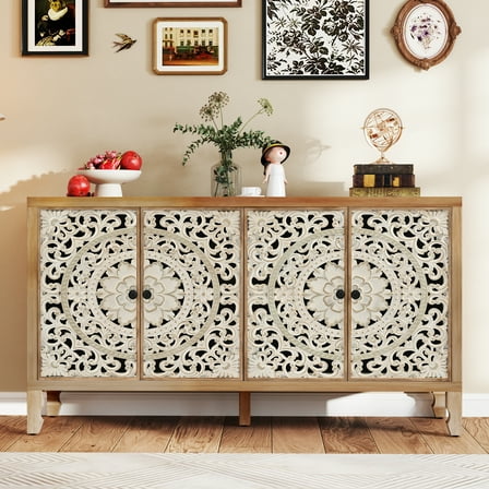 Buffet Cabinet with Storage, Accent Cabinet with 4 Carved Doors, Solid Wood Sideboard with Adjustable Shelf, Vintage Cabinets for Kitchen, Living Room, Entryway, White