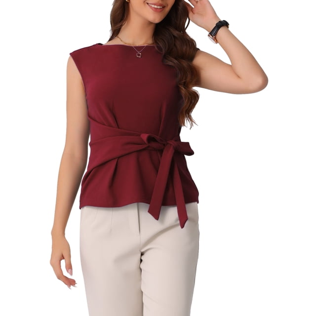INSPIRAR CHIC Blusa de Trabajo de Manga Corta con Nudo Frontal y Cuello Barco para Mujeres en Burdeos
