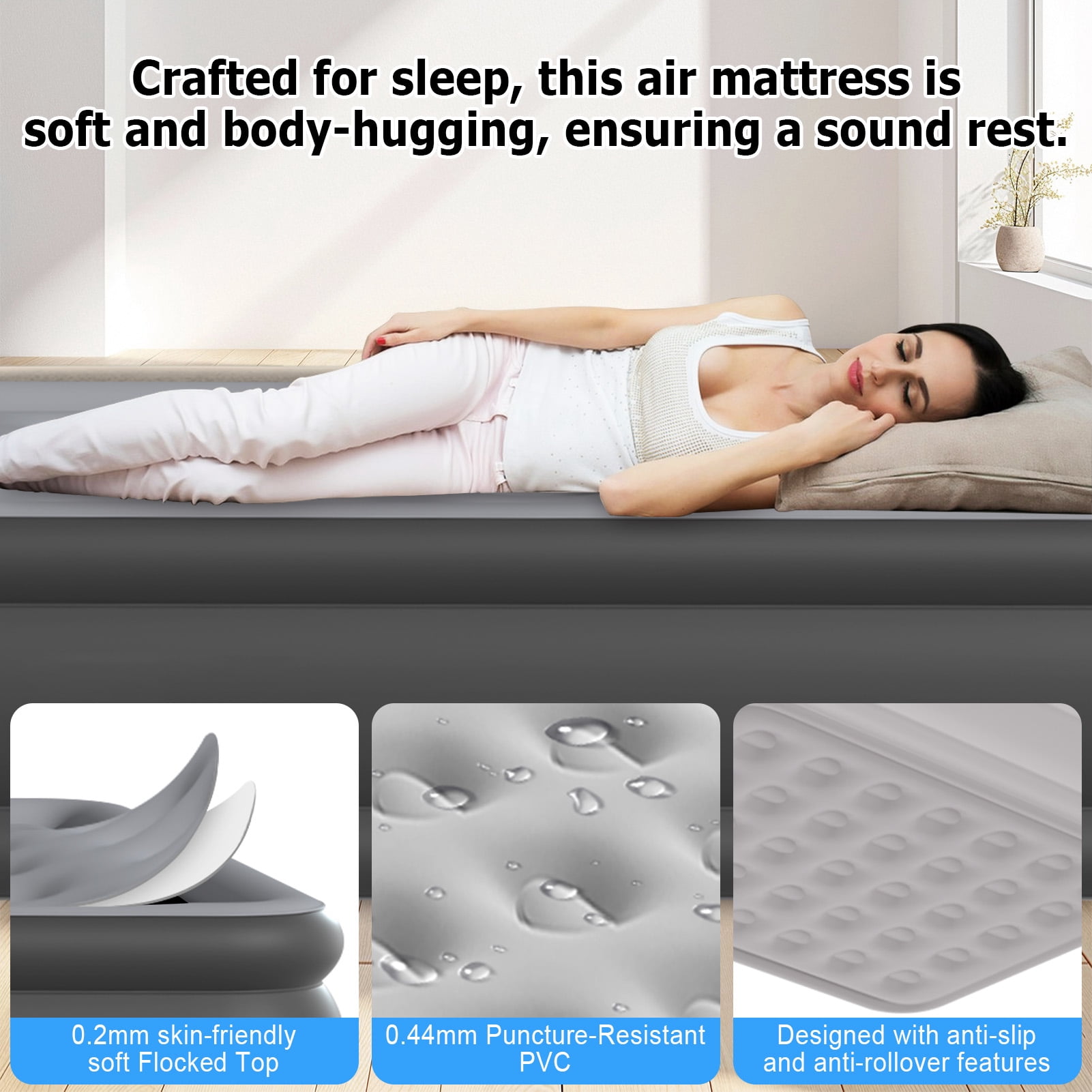 Full Air Mattress with Built-in Pump 18" Top Flocking,Raised Comfort,Fast Inflation/Deflation Foldable Portable Air Bed with Storage Bag for Home,Camping,Guests Gray