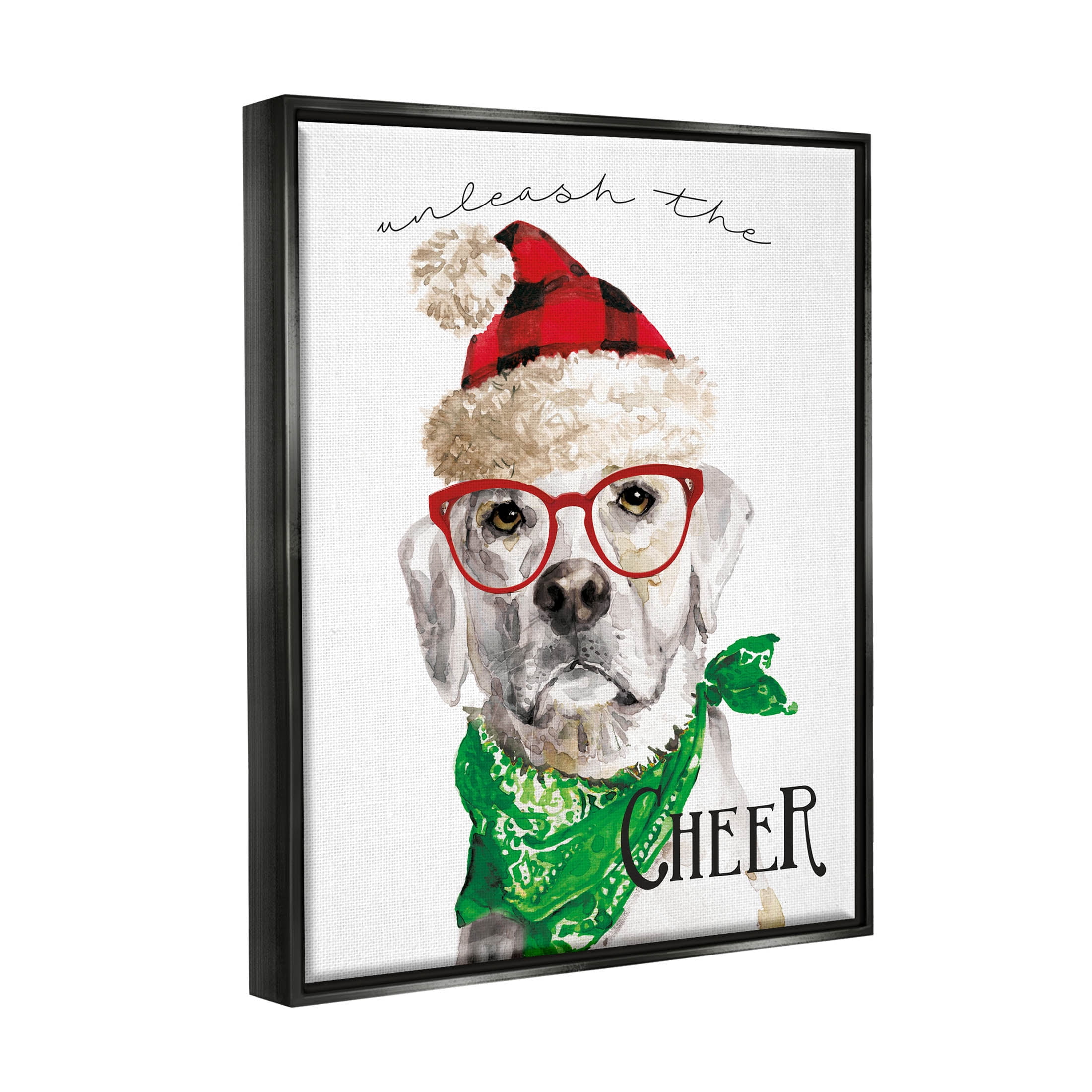 Stupell Industries Unleash The Cheer Holiday Dog Graphic Art Jet Black Floating Framed Canvas Print Wall Art, Design by Livi Finn