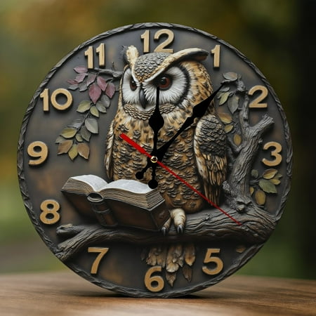 Wall Clock Decorative - Vintage Brown Owl Book Print 2D Vintage Wall Clocks Battery Operated Silent Non-Ticking for Bedroom, Living Room, Kitchen, Office, Classroom, 10 Inch