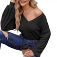 thumbnail image 2 of Blusa de Larga con Cuello en V para Mujer, Estilo Farol, Elegante, Informal, de Punto Acanalado, Corte Holgado, Otoño 2025 Negro L, 2 of 8