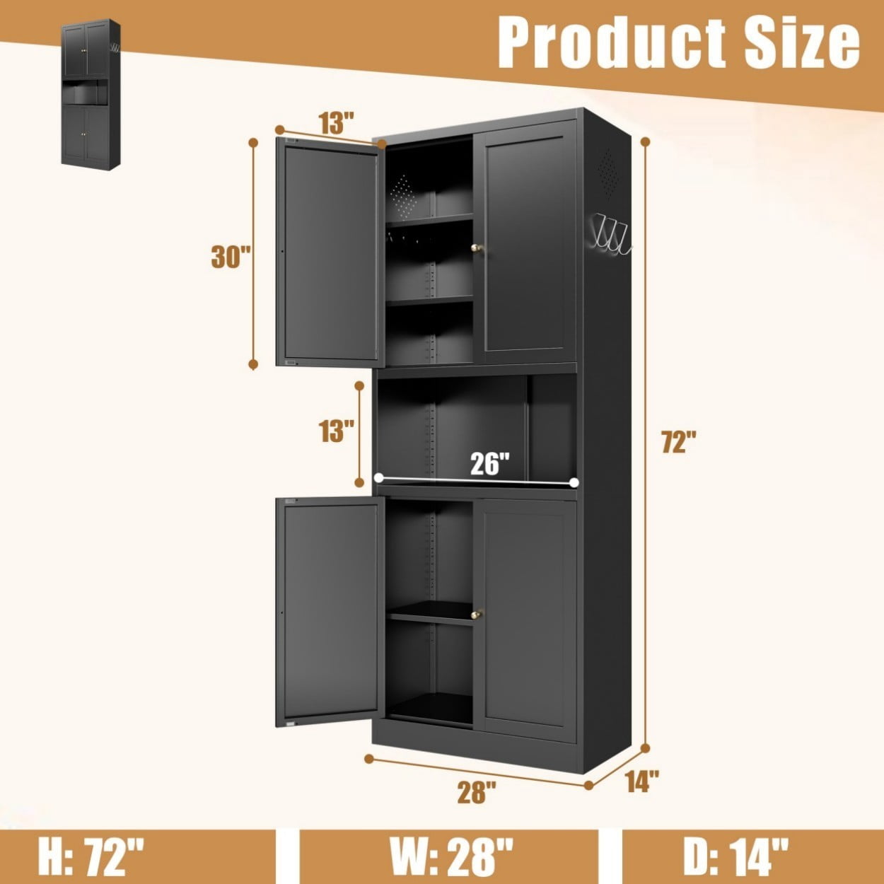 72" High Steel Kitchen Pantry Cabinet with Large Countertop, Heavy Duty Storage Organizer with Adjustable Shelves, Drawer & Hooks for Kitchen Bathroom Living Room, Black