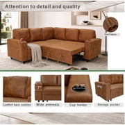 LLappuil 76 x 76 Sectional Sofa, Sectional Couch with Pull Out Sofa Bed Twin Size, 4 Seat Sofa Couch with Cup Holders & Side Pocket Convertible Sofa Bed for Living Room, Foil Fabric Brown