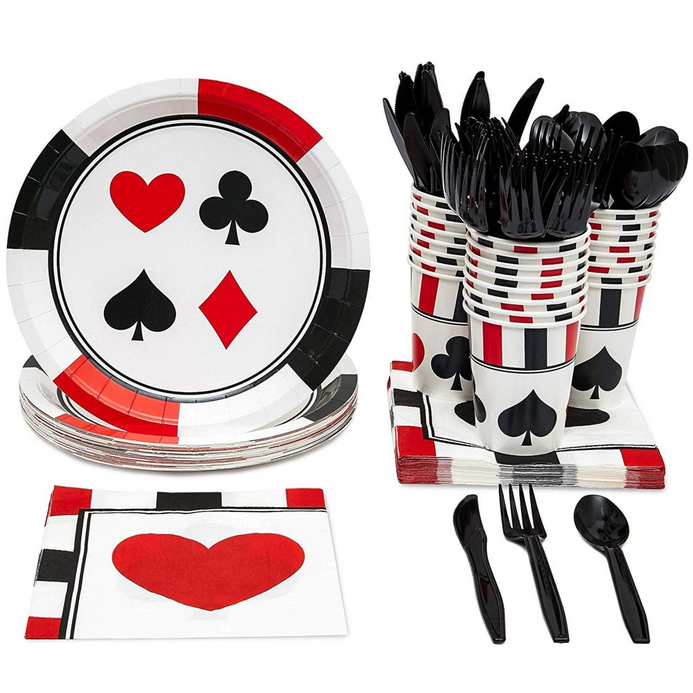 Serves 24 Casino Party Supplies, 144PCS Plates Napkins Cups, Favors