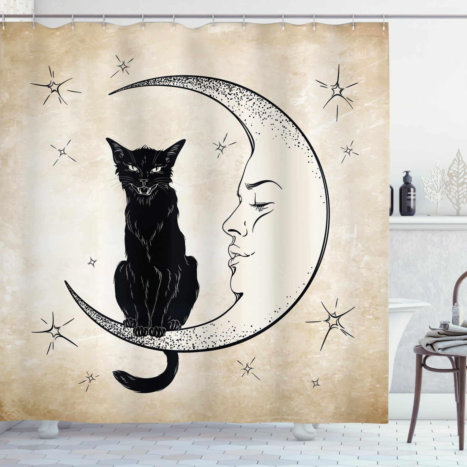 Black Cat Animal is Drawing Red Heart White Waterproof Shower Curtain Rugs&Hooks 