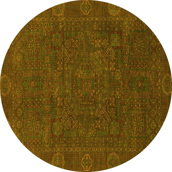 Ahgly Company Machine Washable Indoor Round Oriental Yellow Modern Area Rugs, 4' Round