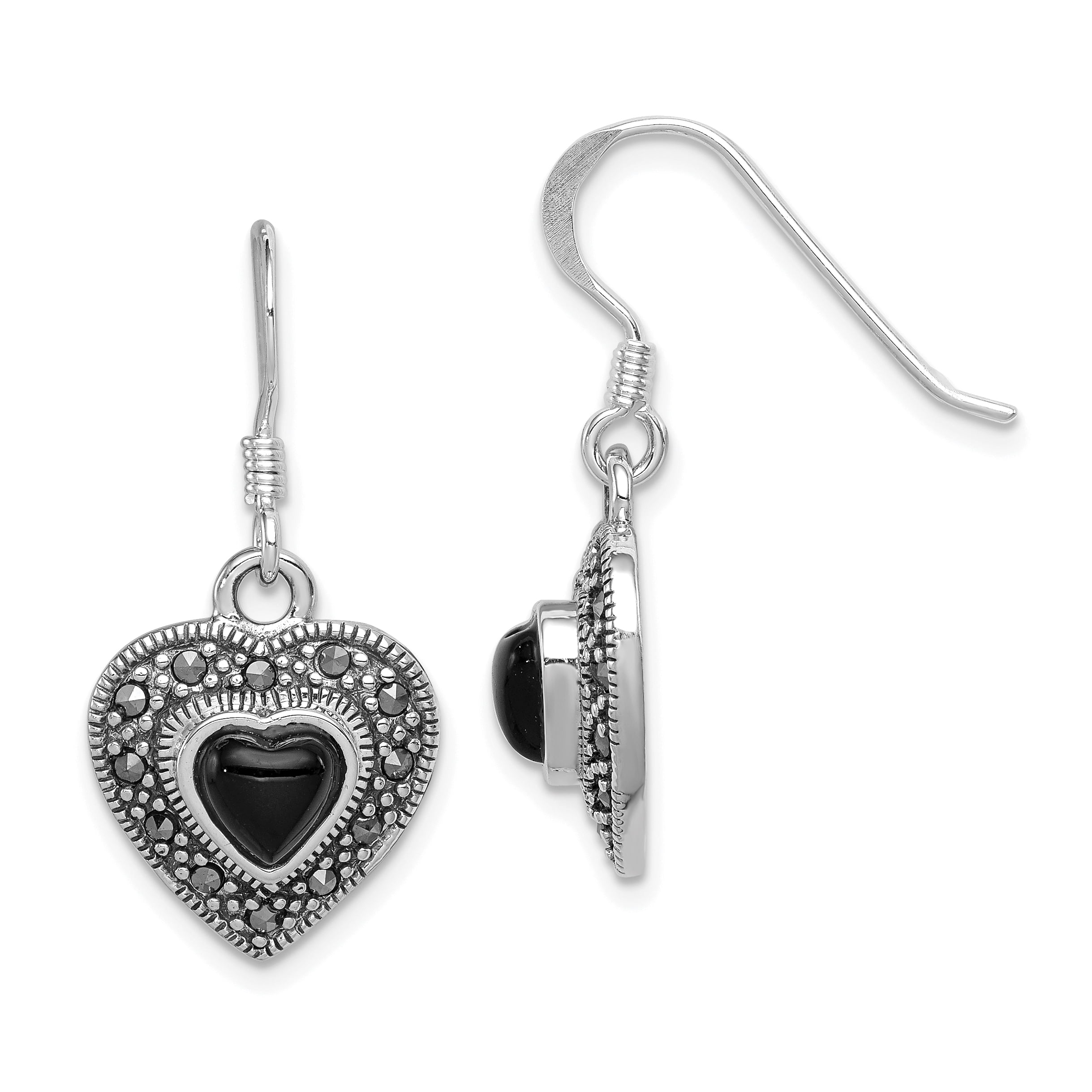 925 Sterling Silver Rhodium-plated Patterned Black-Onyx Dangle Earrings