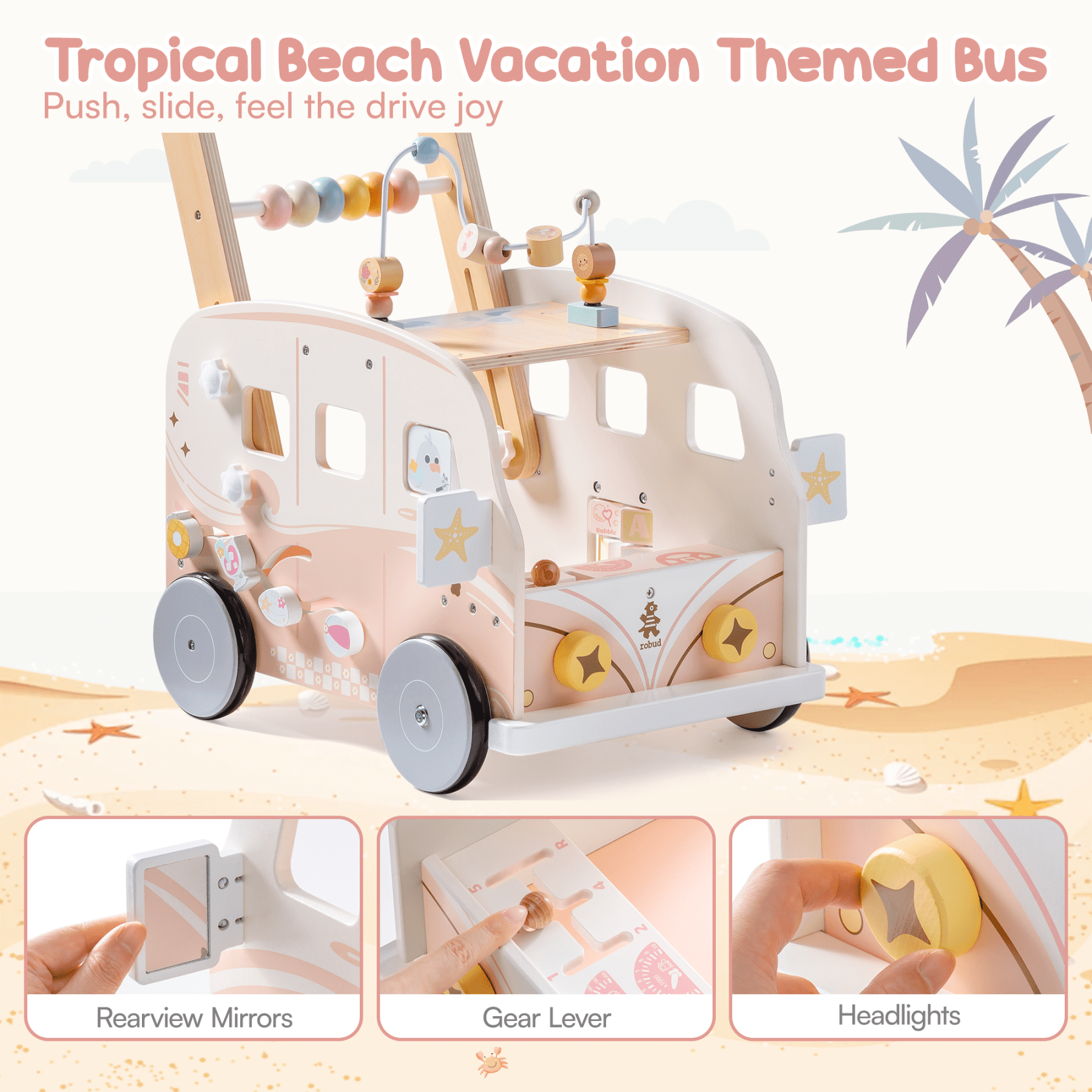 ROBUD Wooden Baby Push Walker Toy, Vacation Bus Theme with Activity Blocks, Sound & Light, Adjustable Speed, Learning Walker Gift for Toddlers 12+ Months,Pink