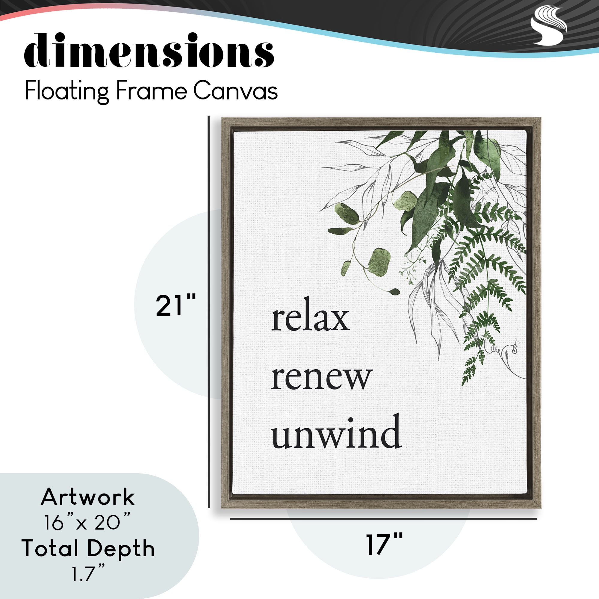 Relax Renew Unwind with Foliage Brown Framed Floater Canvas Wall Art, design by Lettered and Lined