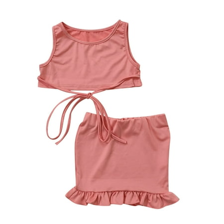 

Baby Girls Outfit Ruffle Trim Solid Color Sleeveless T Shirt Short Skirt Top Suits Kids Children Spring Summer Fashion Leisure Cute Sleepwear Streetwear Sets