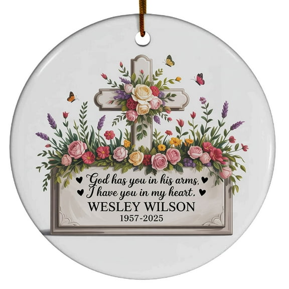 Remembering First Christmas in Heaven Ornament 2025, God Has You in His Arms I Have My Ceramic Christmas Ornament Gift for Loss of Loved One, Custom Name Text Year in Loving M