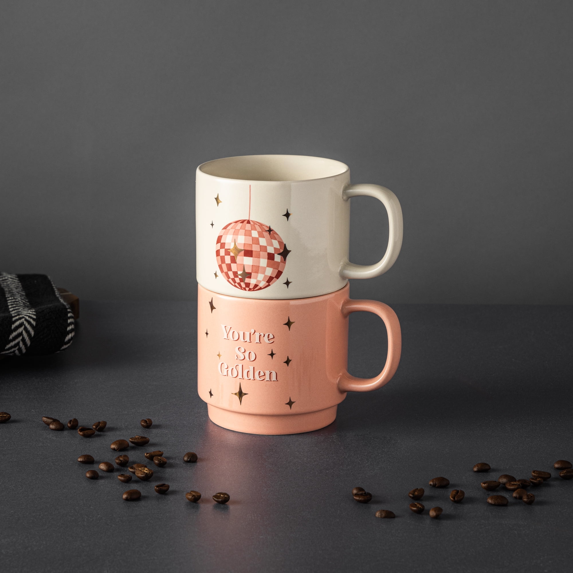 Thyme & Table 2 Pack Stacking You're So Golden Pink and Disco Ball White Mugs 14.2 fl oz, Stoneware