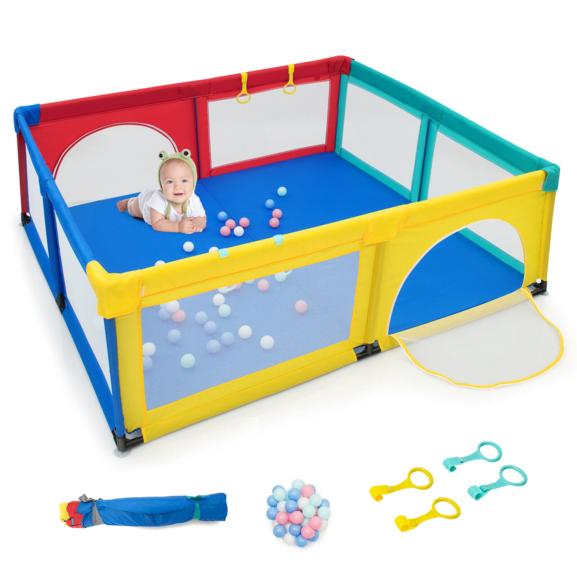 Gymax Extra Large Baby Playpen Safety Baby Play Yard w/ 50 Ocean Balls