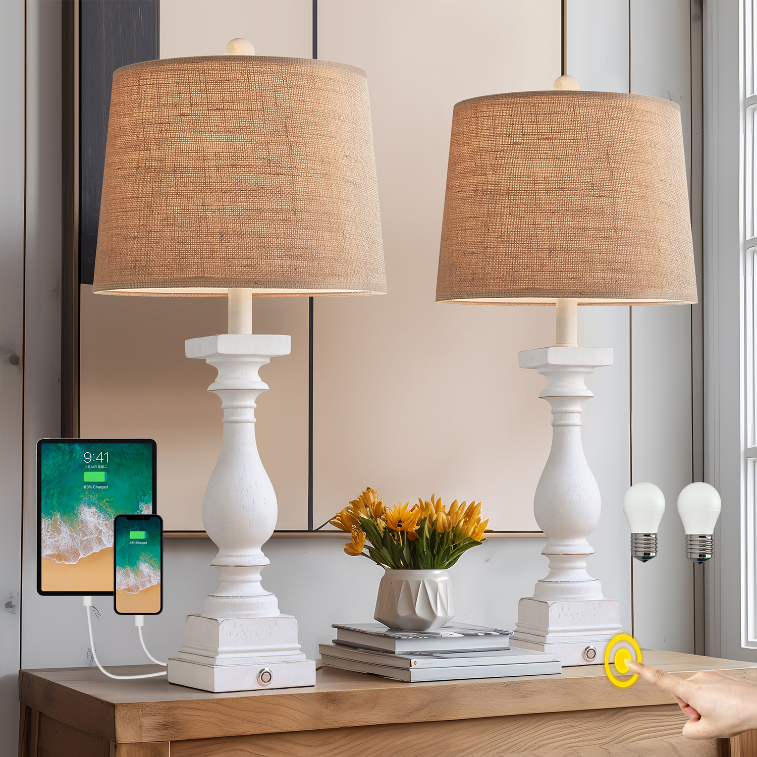 Oneach 3 Way Dimmable Touch White Table Lamp Set of 2 with USB Ports for Living Room Bedroom 27.75" Farmhouse Resin Bedside Nightstands Lamps(Bulbs)