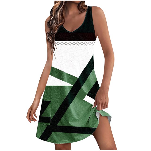 VEKDONE Robes Sans Manches pour Femmes Tendance Imprimé Géométrique Col en V Robes d'Été avec Poches 2024 Été Ample Fluide à Volants Robe de Plage Verte G