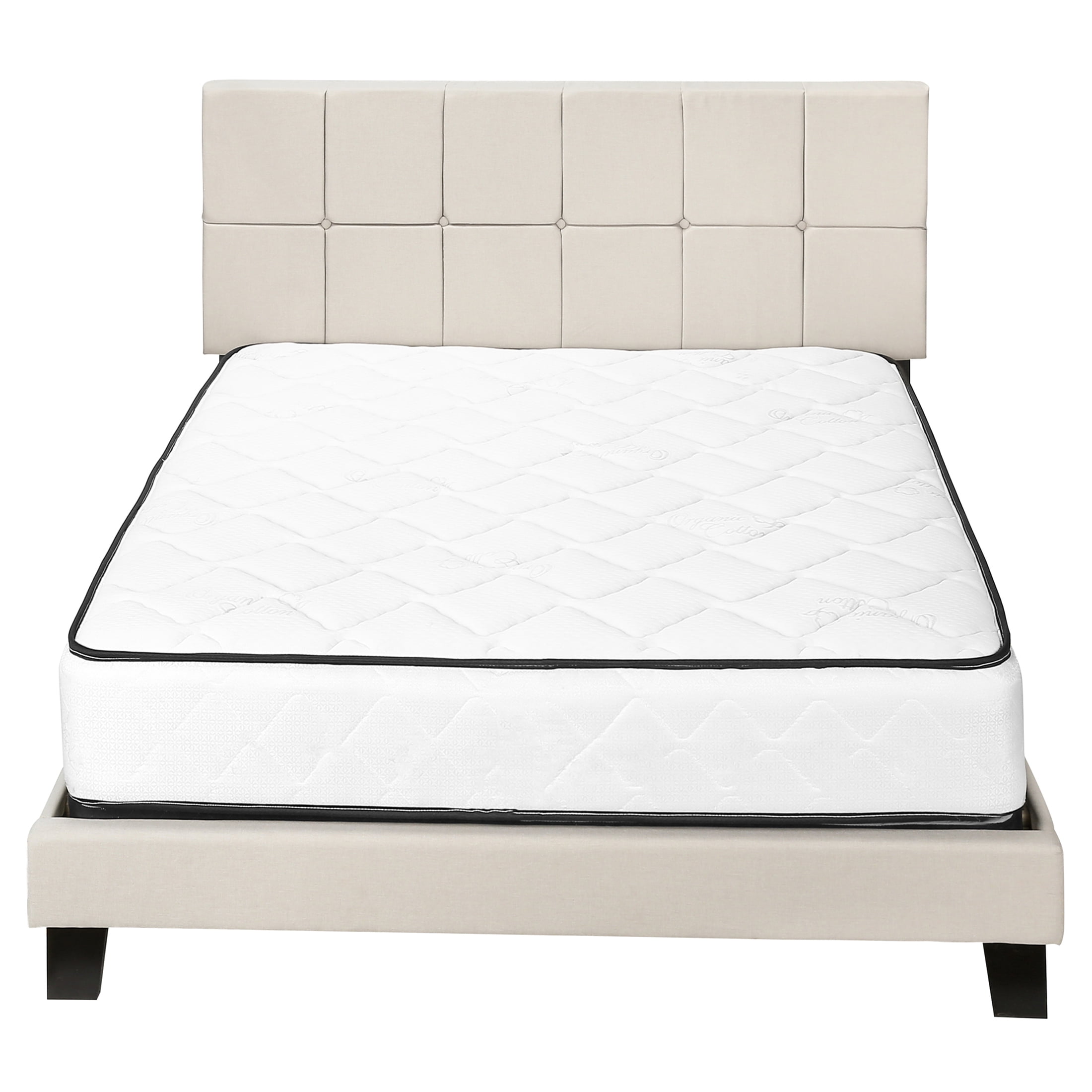 JERFIT Queen Upholstered Platform Bed Frame with Button Tufted Headboard, Beige Linen Fabric, Solid Wood Legs Support