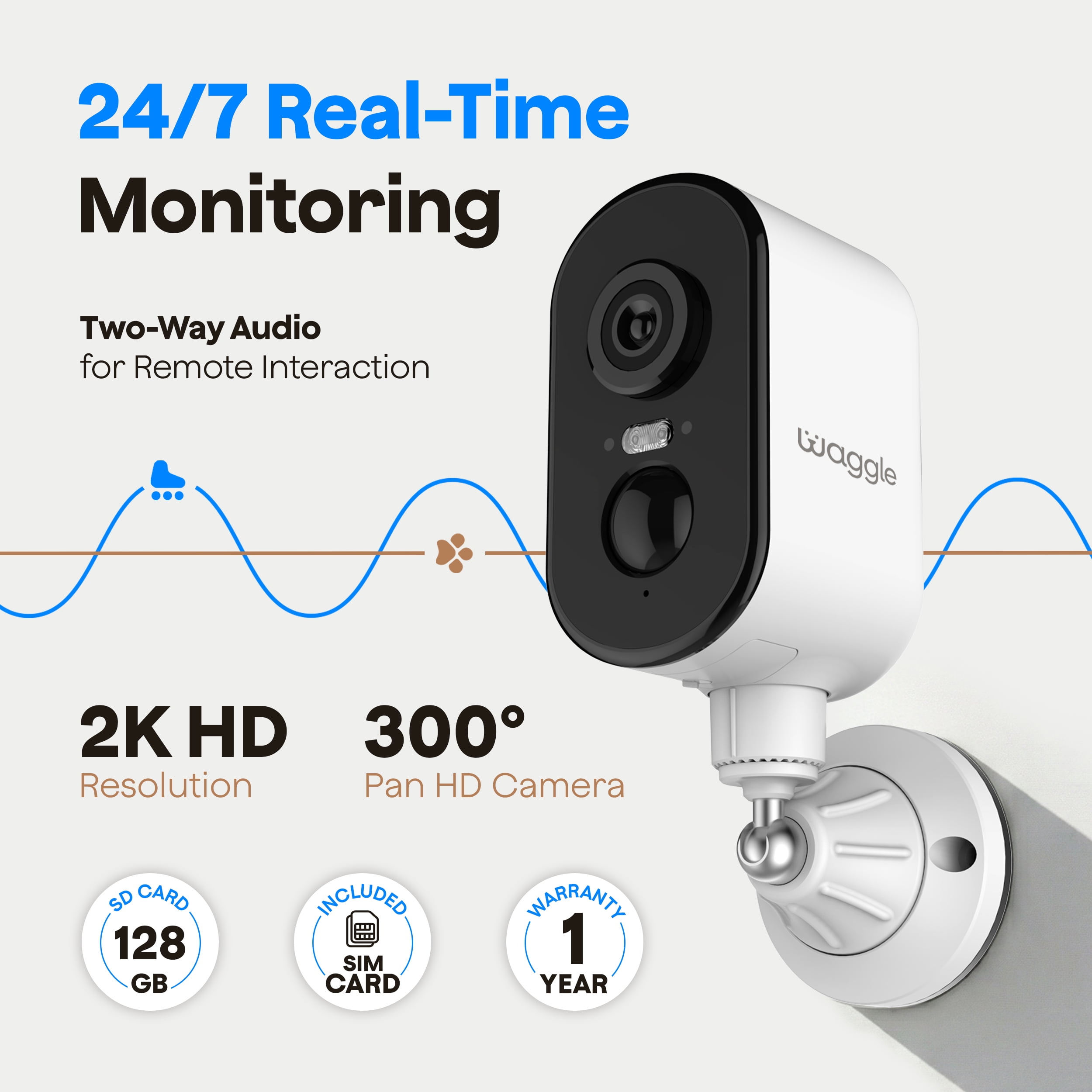 Waggle 4G LTE Security Camera | No WiFi? No Problem | Built-in SIM | Works ANYWHERE Indoor/Outdoor | 2K HD + 9000mAh Battery (60-Day Power) | 2-Way Talk, Night Vision and Siren Alarm