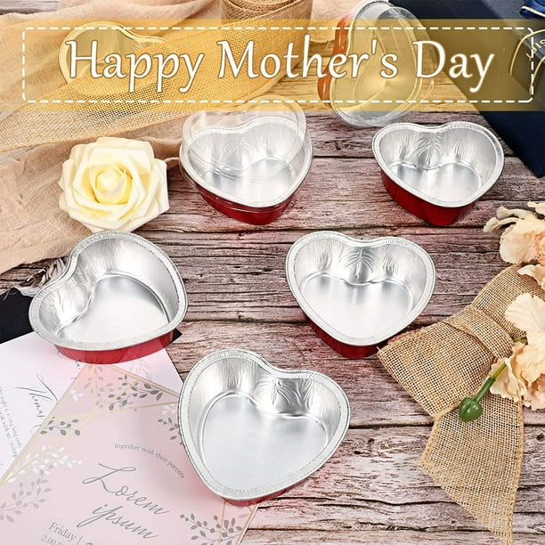 Aluminum Foil Cake Pan Heart Shaped Cupcake Cup with Lids 100 ml/ 3.4  ounces Disposable Mini Baking Cups Pan with Lid for Valentine Mother's Day  Wedding Christmas Birthday 
