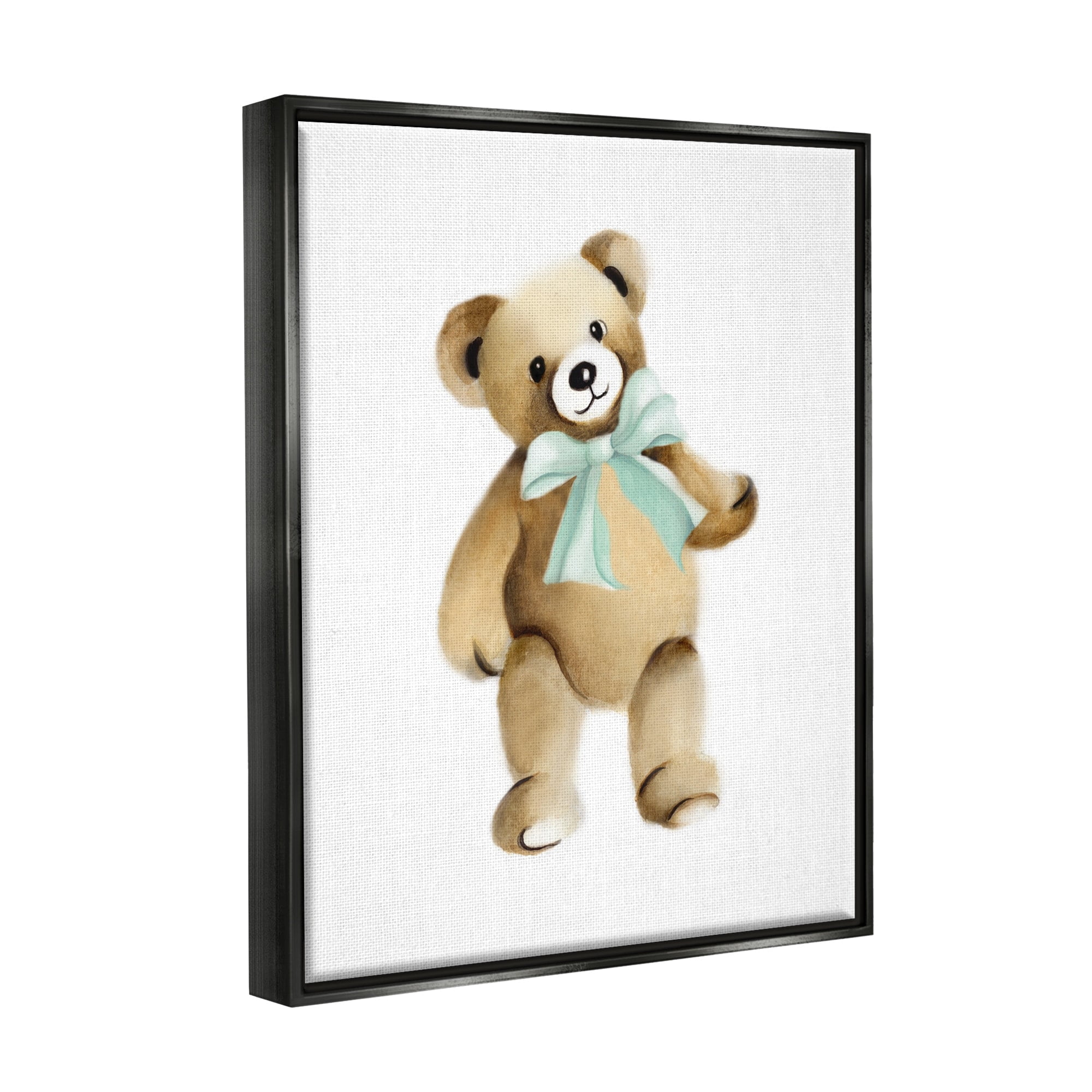 Stupell Industries Teddy Bear Green Bow Kids Nursery Animal Graphic Art Jet Black Floating Framed Canvas Print Wall Art, Design by Studio Q