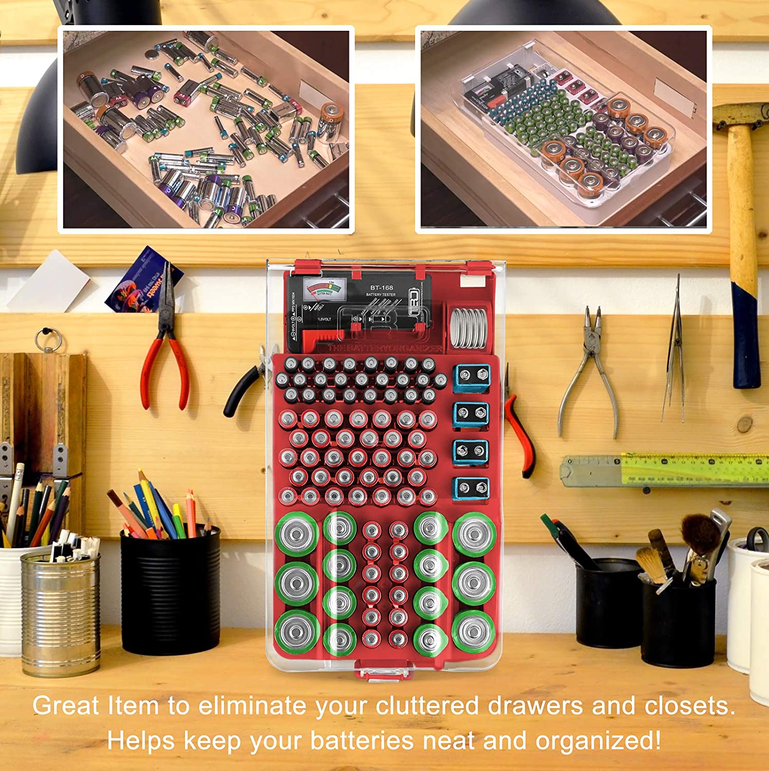 The Battery Organizer Storage Case with Hinged Clear Cover and closing latch, includes a Removable Battery Tester, Holds 93 Batteries Various Sizes (Red)