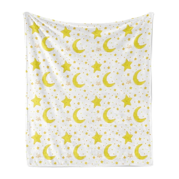 Yellow and White Soft Flannel Fleece Blanket, Sleeping Crescent Moon and Stars Pattern Night Time Cartoon Illustration, Cozy Plush for Indoor and Outdoor Use, 50" x 70", Yellow White, by Ambesonne