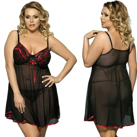 BYHONG Womens Lace Bow Lingerie Nightwear Underwear Plus Size Sleepwear Dress Underwear Red XXXL
