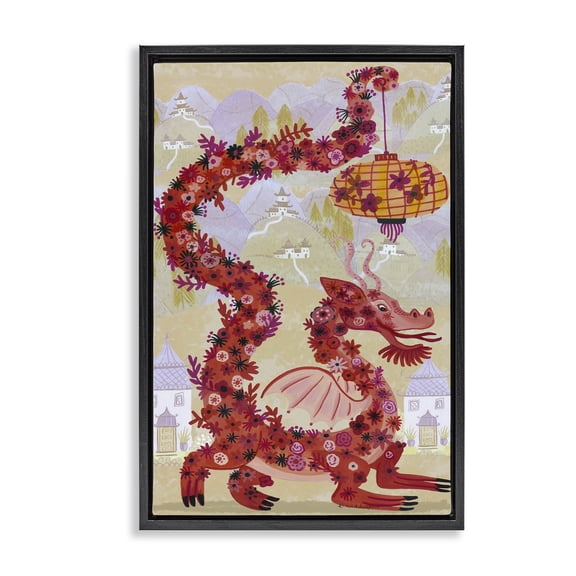 Stupell Industries Eclectic Dragon & Lantern Mythology Black Floating Frame Canvas Art, 17 x 25, by Kay Widdowson
