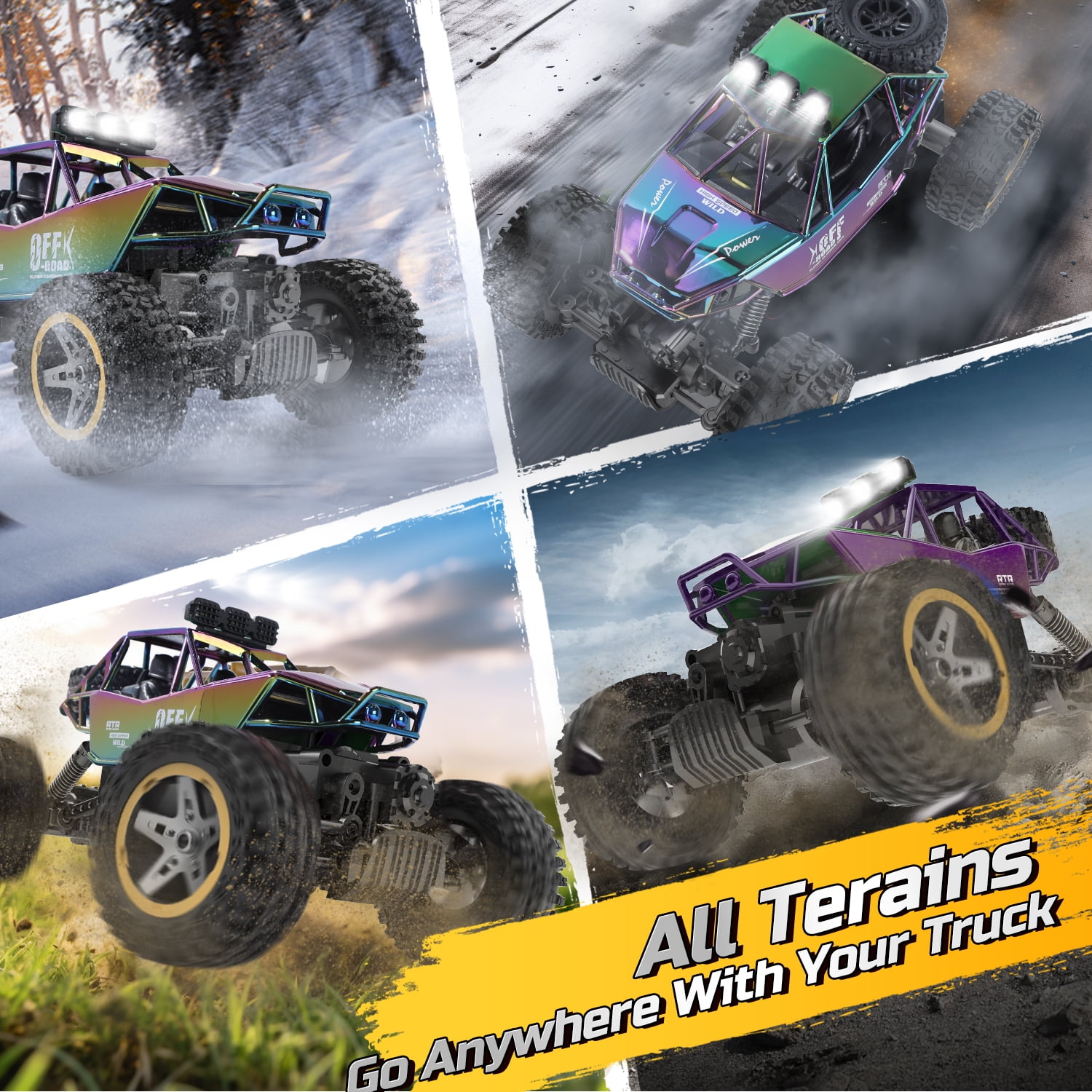 JoyStone 4WD RC Cars, 1:16 Off Road Monster Truck with LED Headlight Rock Crawler, 2 Batteries for 70+ Min Play, Gift Toys for Girls Kids Boys (Green & Purple)