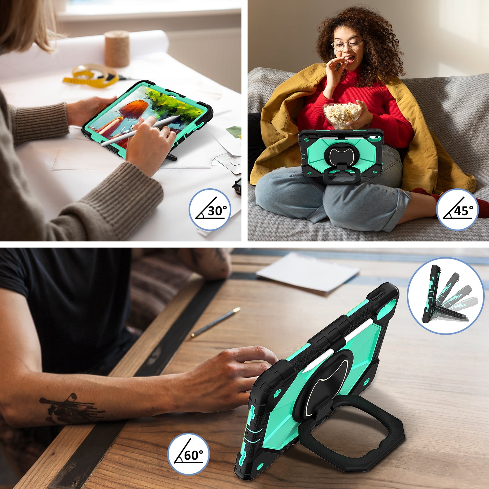 Dteck Case for iPad (A16) 11th/10th Generation 10.9 inch 2025/2022,Rotating Stand & Pencil Holder & Hand Grip & Shoulder Strap Shockproof iPad 11th/10th Generation Case (11th/10th Gen),Black + Mint