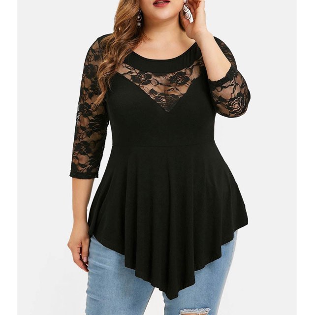 Ropa de mujer encaje de flores de gran tamaño manga tres cuartos dobladillo irregular MABOTO Negro 3XL