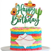 1 PCS Mexican Fiesta Happy Birthday Cake Topper Glitter Cactus Donkey Maraca Sombrero Guitar Cake Pick for Mexican Fiesta Theme Baby Shower Birthday Party Cake Decorations Supplies