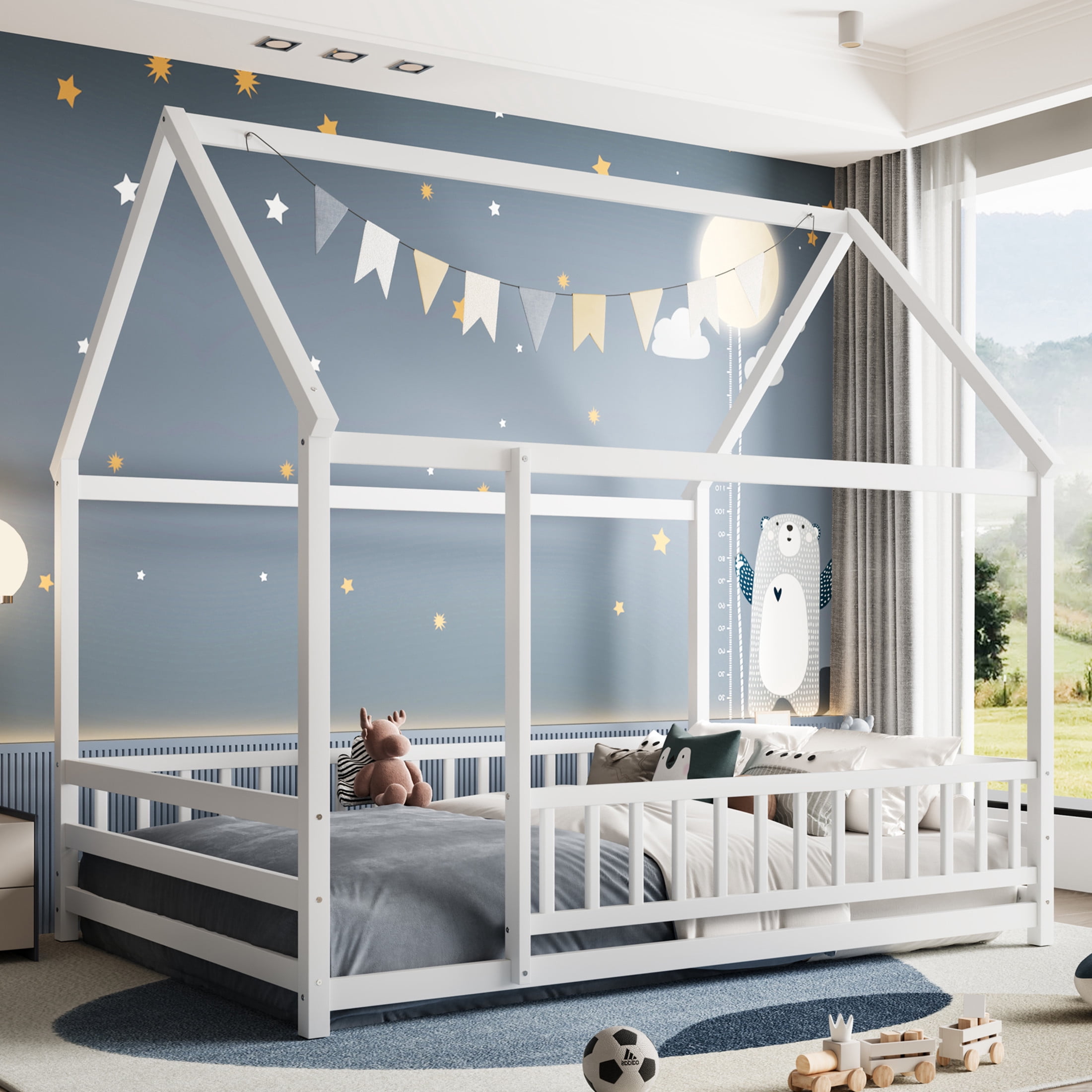 Noble House Full Size Montessori Floor Bed with House Roof Frame and Safety Guardrails, White