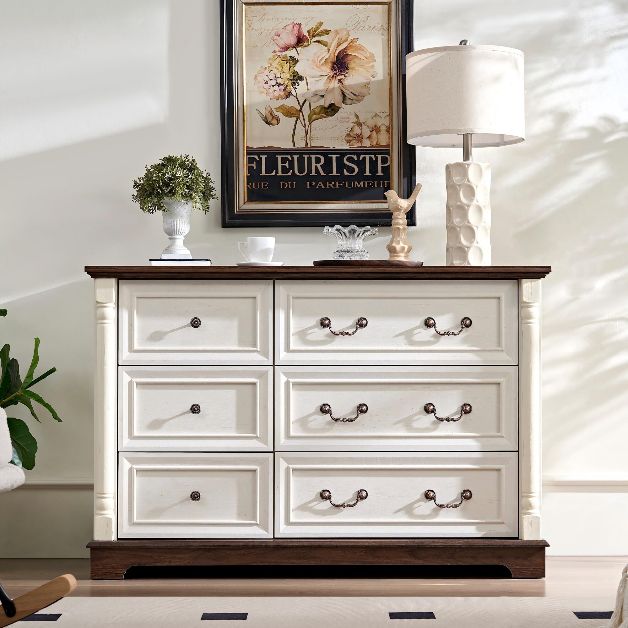 AENKYO 6-Drawer Wide Dresser, Rustic Farmhouse Chest of Drawers for Bedroom or Living Room, Antique White